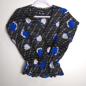 Yumi Kim 100% Silk ROSE V neck‎ Vintage Cottagecore Black Blue Blouse S